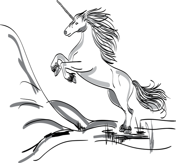 black and white image of a Unicorn galloping.  Free to download to colour at home.