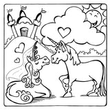 black and white image of a Unicorns in front of a castle.  Free to download to colour at home.